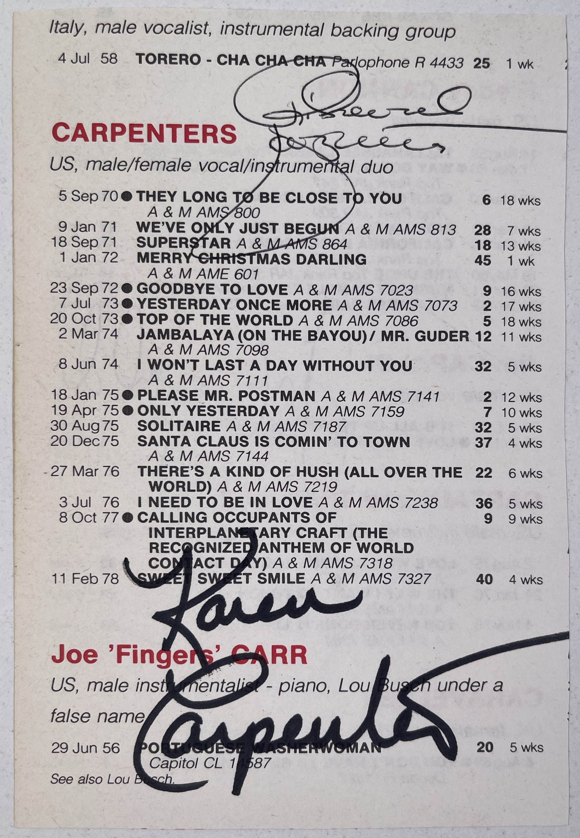 THE CARPENTERS Signed Paper Cut COA Hologram main image 1