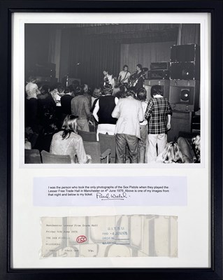 Lot 135 - THE SEX PISTOLS - AN ORIGINAL TICKET AND PHOTOGRAPH FROM THE JUNE 1976 MANCHESTER FREE TRADE HALL CONCERT.