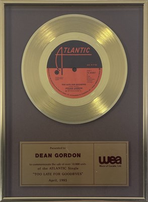 Lot 290 - BEATLES INTEREST - JULIAN LENNON OFFICIAL CANADIAN AWARD. ﻿