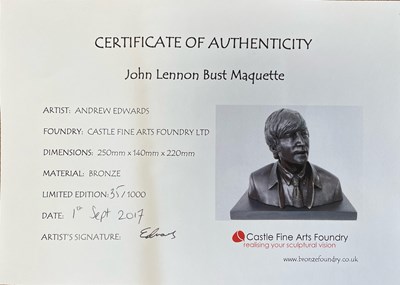 Lot 336 - THE BEATLES - ANDREW EDWARDS LIMITED EDITION JOHN LENNON BRONZE BUST.