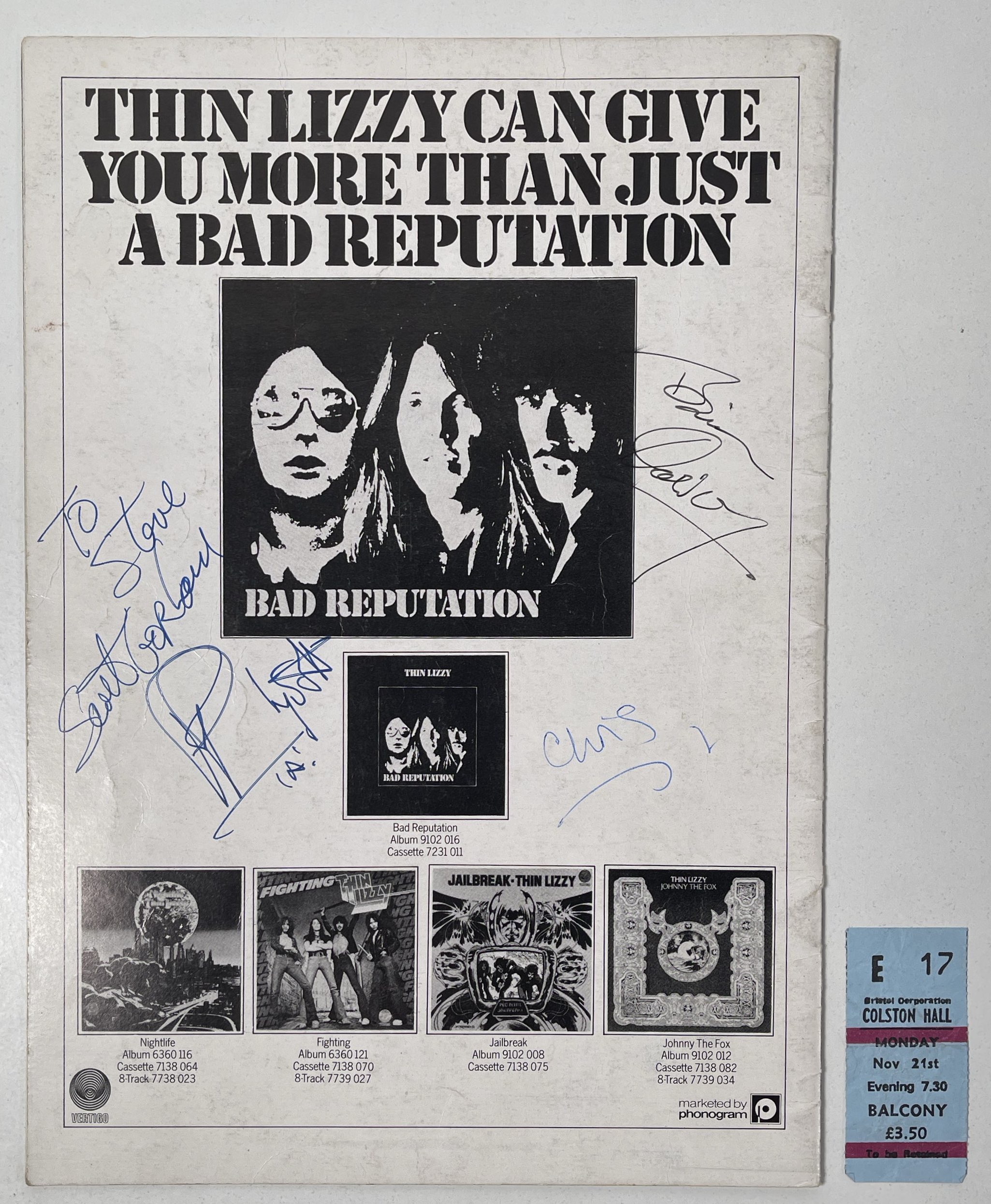 Lot 93 - THIN LIZZY - A FULLY SIGNED 1977 CONCERT