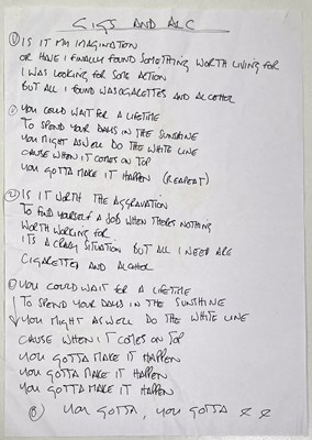 Lot 175 - OASIS - CIGARETTES AND ALCOHOL - NOEL GALLAGHER HANDWRITTEN LYRICS.