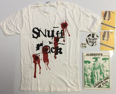 Lot 317 - ALBERTO Y LOST TRIOS PARANOIAS - SNUFF ROCK T-SHIRT, BOOK, BADGE & STICKERS.