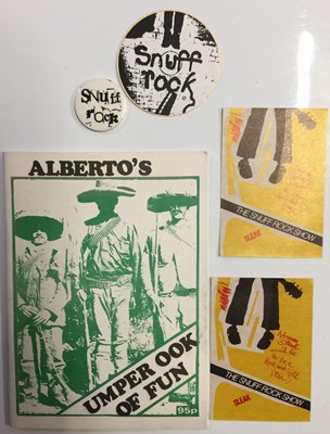 Lot 317 - ALBERTO Y LOST TRIOS PARANOIAS - SNUFF ROCK T-SHIRT, BOOK, BADGE & STICKERS.