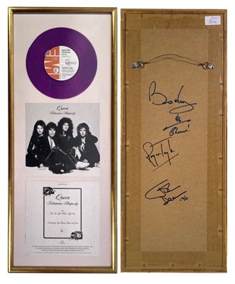 Lot 271 - QUEEN INTEREST - 1995 PURPLE BOHEMIAN RHAPSODY SIGNED TO FRAME BY BRIAN, ROGER, JOHN.