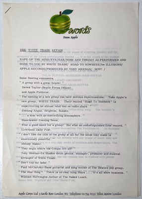 Lot 360 - THE BEATLES INTEREST - AN ORIGINAL APPLE RECORDS PRESS KIT FOR 'THE WHITE TRASH AFFAIR'.