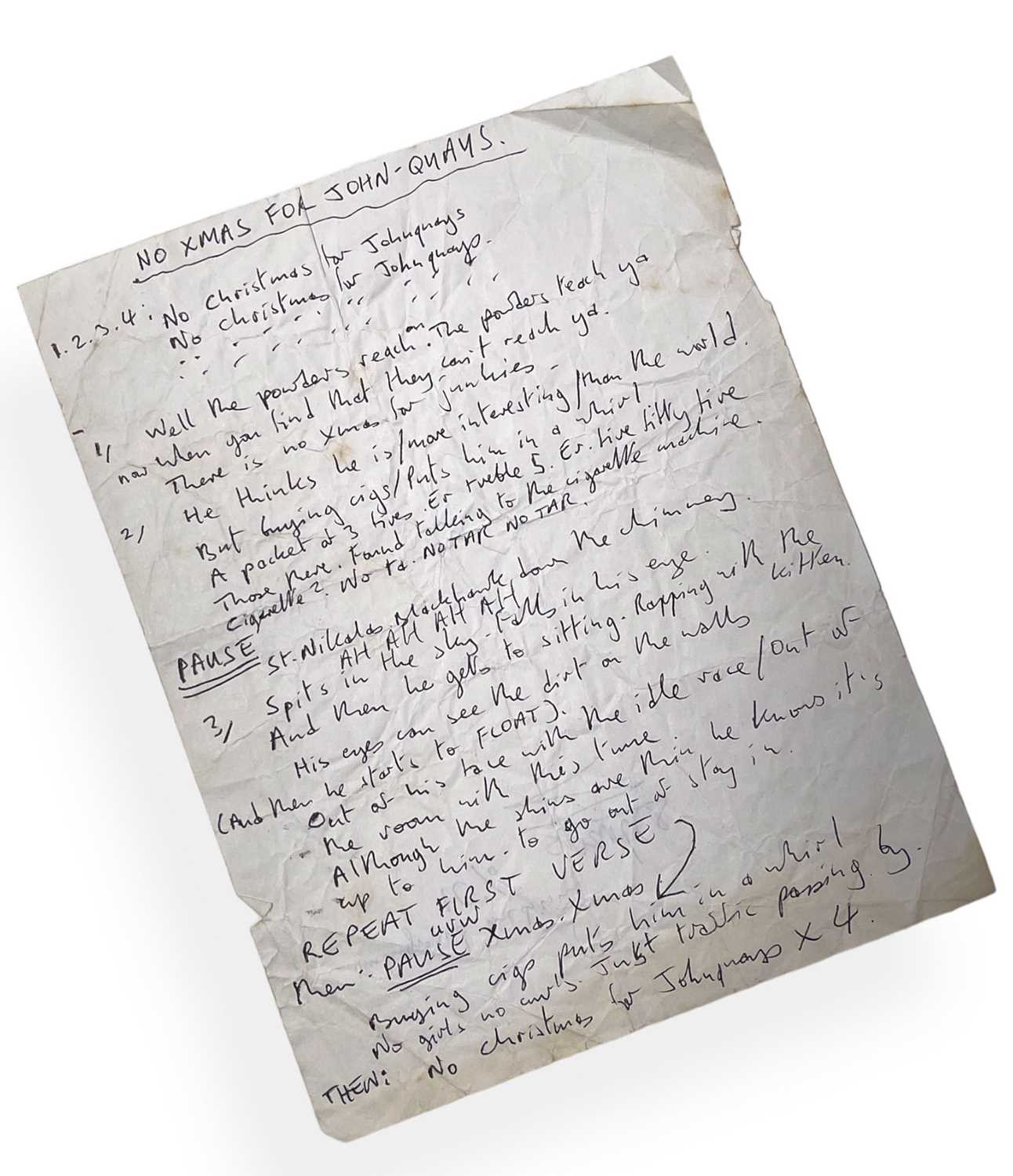 Lot 411 - MARK E. SMITH / THE FALL - MES HANDWRITTEN LYRICS FOR NO XMAS FOR JOHN QUAYS.