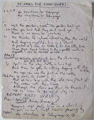 Lot 411 - MARK E. SMITH / THE FALL - MES HANDWRITTEN LYRICS FOR NO XMAS FOR JOHN QUAYS.