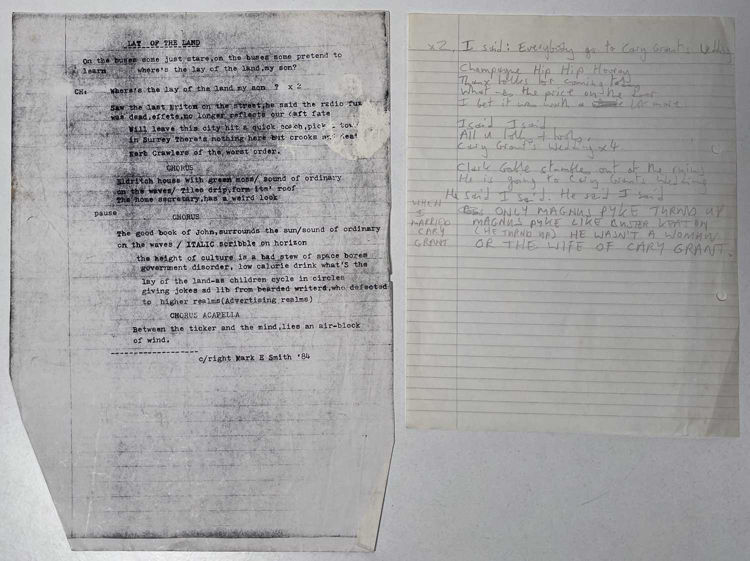 Lot 412 - MARK E. SMITH / THE FALL - MES HANDWRITTEN LYRICS FOR 'CARY GRANT'S WEDDING'.