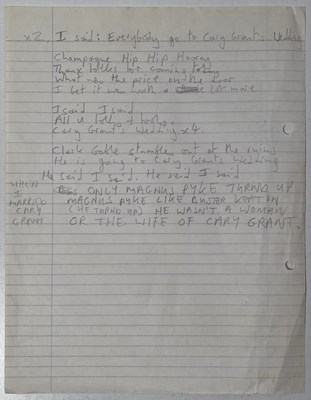 Lot 412 - MARK E. SMITH / THE FALL - MES HANDWRITTEN LYRICS FOR 'CARY GRANT'S WEDDING'.