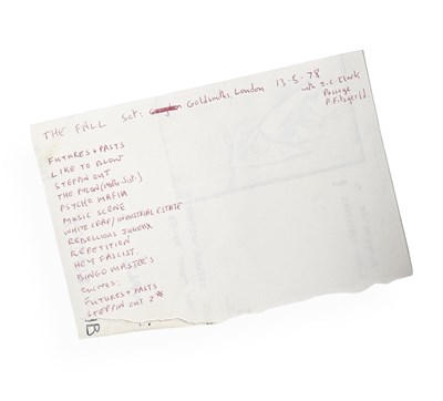 Lot 415 - THE FALL - EARLY HANDWRITTEN SETLIST FOR GOLDSMITHS, 1978.