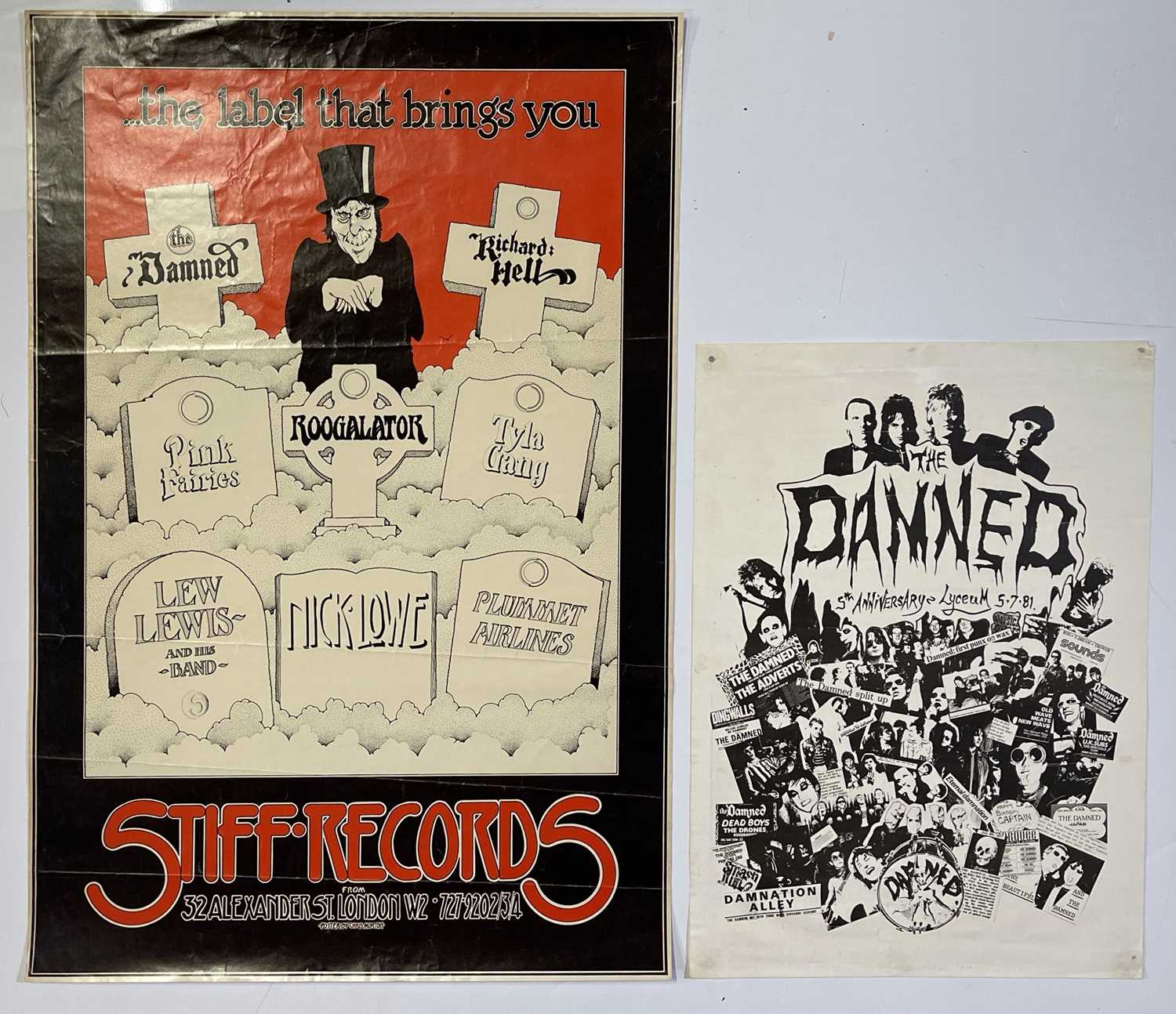 Lot 200 - THE DAMNED - 5TH ANNIVERSARY LYCEUM POSTER, 1981/STIFF DISCOGRAPHY POSTER.