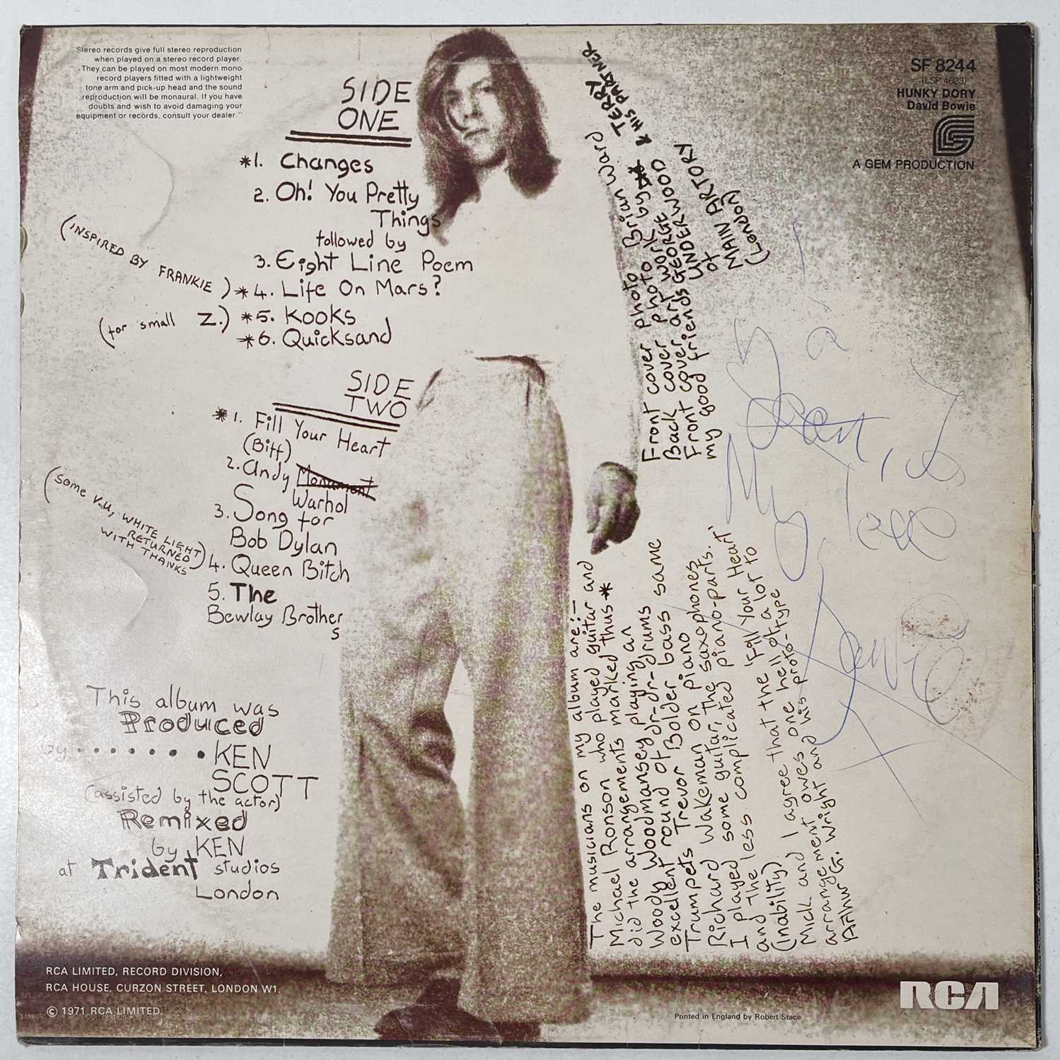 Lot 281 - DAVID BOWIE - A COPY OF HUNKY DORY SIGNED BY DAVID BOWIE AND MICK RONSON.