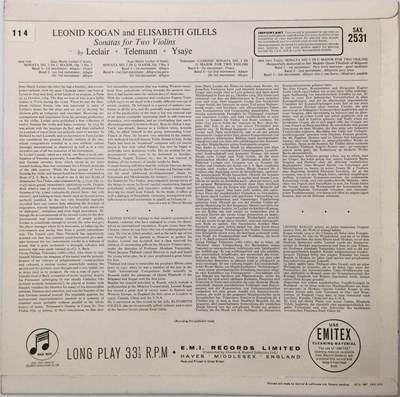 Lot 300 - LEONID KOGAN & ELISABETH GILELS - SONATAS FOR TWO VIOLINS LP (UK STEREO OG - COLUMBIA - SAX 2531)