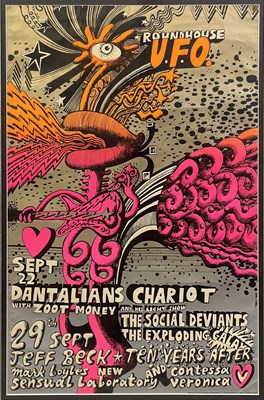 Lot 74 - DANTALIANS CHARIOT / JEFF BECK - ORIGINAL 1967 UFO AT ROUNDHOUSE POSTER.