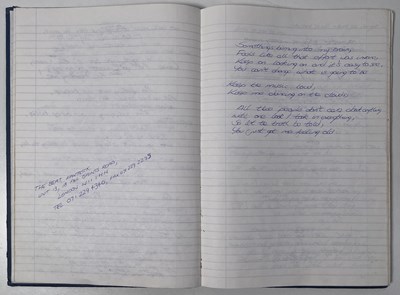 Lot 217 - RIDE - MARK GARDENER'S 'CARNIVAL OF LIGHT' ERA HANDWRITTEN LYRIC NOTE BOOK.