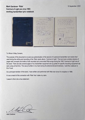 Lot 217 - RIDE - MARK GARDENER'S 'CARNIVAL OF LIGHT' ERA HANDWRITTEN LYRIC NOTE BOOK.