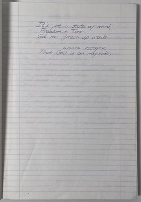 Lot 217 - RIDE - MARK GARDENER'S 'CARNIVAL OF LIGHT' ERA HANDWRITTEN LYRIC NOTE BOOK.