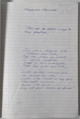 Lot 217 - RIDE - MARK GARDENER'S 'CARNIVAL OF LIGHT' ERA HANDWRITTEN LYRIC NOTE BOOK.