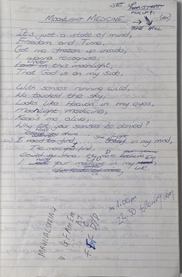 Lot 217 - RIDE - MARK GARDENER'S 'CARNIVAL OF LIGHT' ERA HANDWRITTEN LYRIC NOTE BOOK.