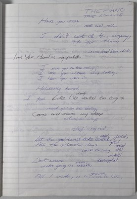 Lot 217 - RIDE - MARK GARDENER'S 'CARNIVAL OF LIGHT' ERA HANDWRITTEN LYRIC NOTE BOOK.