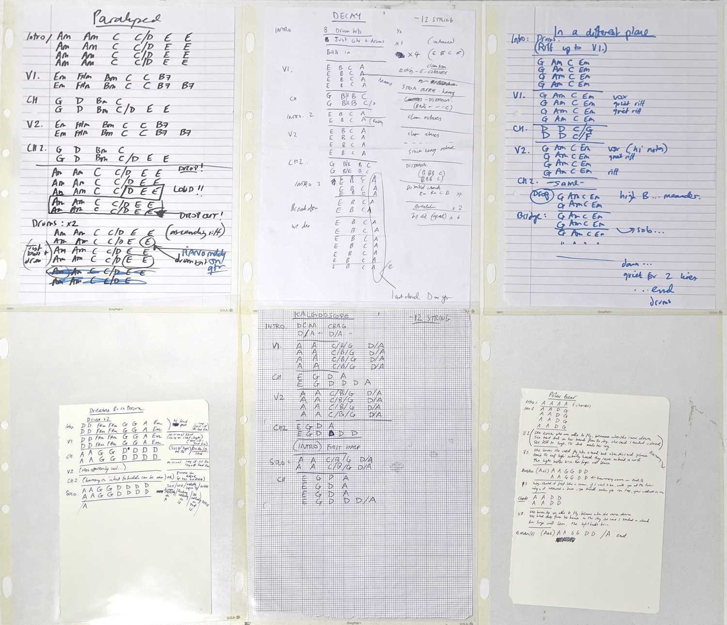 Lot 221 - RIDE - ORIGINAL HANDWRITTEN CHORD SHEETS AND LYRICS FOR DEBUT LP.