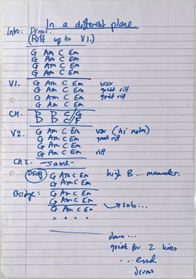 Lot 221 - RIDE - ORIGINAL HANDWRITTEN CHORD SHEETS AND LYRICS FOR DEBUT LP.