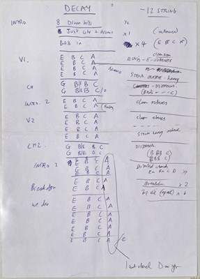 Lot 221 - RIDE - ORIGINAL HANDWRITTEN CHORD SHEETS AND LYRICS FOR DEBUT LP.