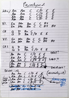 Lot 221 - RIDE - ORIGINAL HANDWRITTEN CHORD SHEETS AND LYRICS FOR DEBUT LP.