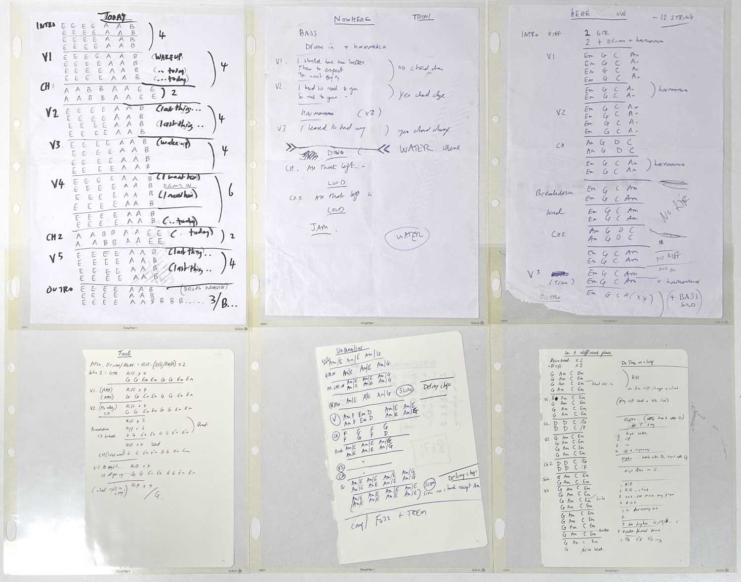 Lot 222 - RIDE - ORIGINAL HANDWRITTEN CHORD SHEETS AND LYRICS FOR FALL / TODAY FOREVER.