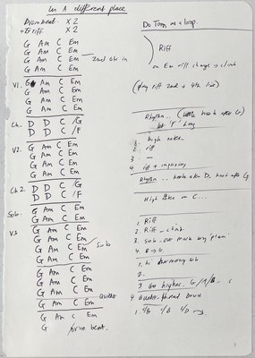 Lot 222 - RIDE - ORIGINAL HANDWRITTEN CHORD SHEETS AND LYRICS FOR FALL / TODAY FOREVER.