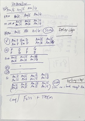 Lot 222 - RIDE - ORIGINAL HANDWRITTEN CHORD SHEETS AND LYRICS FOR FALL / TODAY FOREVER.