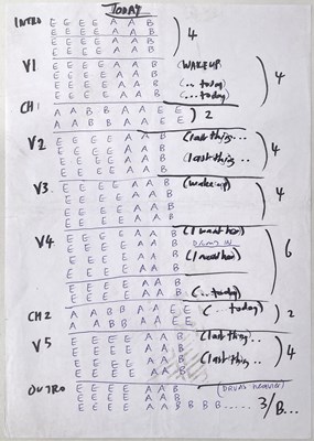 Lot 222 - RIDE - ORIGINAL HANDWRITTEN CHORD SHEETS AND LYRICS FOR FALL / TODAY FOREVER.