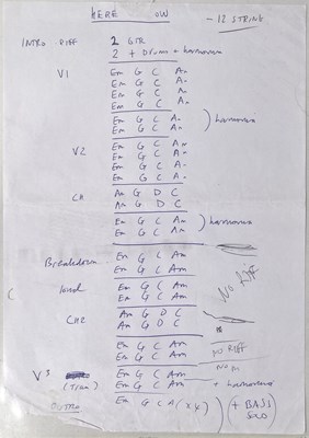 Lot 222 - RIDE - ORIGINAL HANDWRITTEN CHORD SHEETS AND LYRICS FOR FALL / TODAY FOREVER.