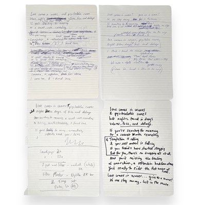 Lot 225 - RIDE INTEREST - ANDY BELL HANDWRITTEN LYRICS FOR 'LOVE COMES IN WAVES'.