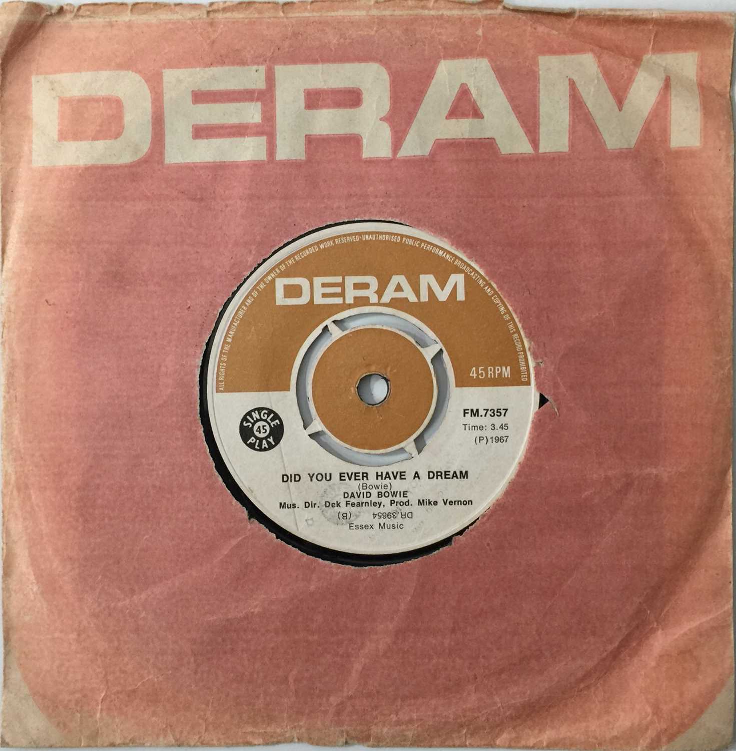 Lot 1249 - DAVID BOWIE - LOVE YOU TILL TUESDAY 7" (SOUTH AFRICAN - DERAM FM.7357)