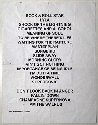 Lot 195 - OASIS - A SET LIST FROM MADISON SQUARE GARDENS, DECEMBER 2008.