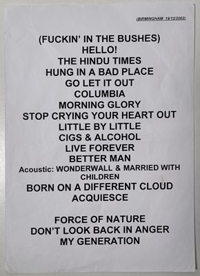 Lot 196 - OASIS - SET LIST FROM BIRMINGHAM 19TH DEC 2002.