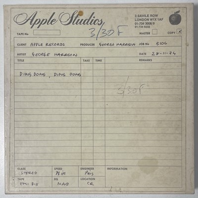 Lot 142 - THE BEATLES INTEREST - GEORGE HARRISON APPLE STUDIOS RECORDING TAPE.