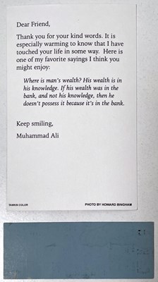 Lot 303 - MUHAMMED ALI/ CASSIUS CLAY ORIGINAL TICKET AND SIGNED PHOTOCARD.