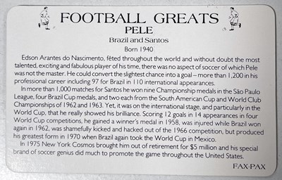 Lot 310 - PELE SIGNED FAX-PAX CARD 1989 FOOTBALL GREATS.
