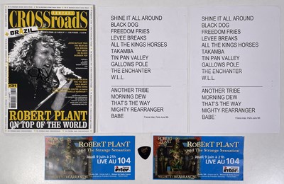 Lot 365 - LED ZEPPELIN INTEREST  – A ROBERT PLANT SIGNED MAGAZINE, A SET LIST, A PLECTRUM.