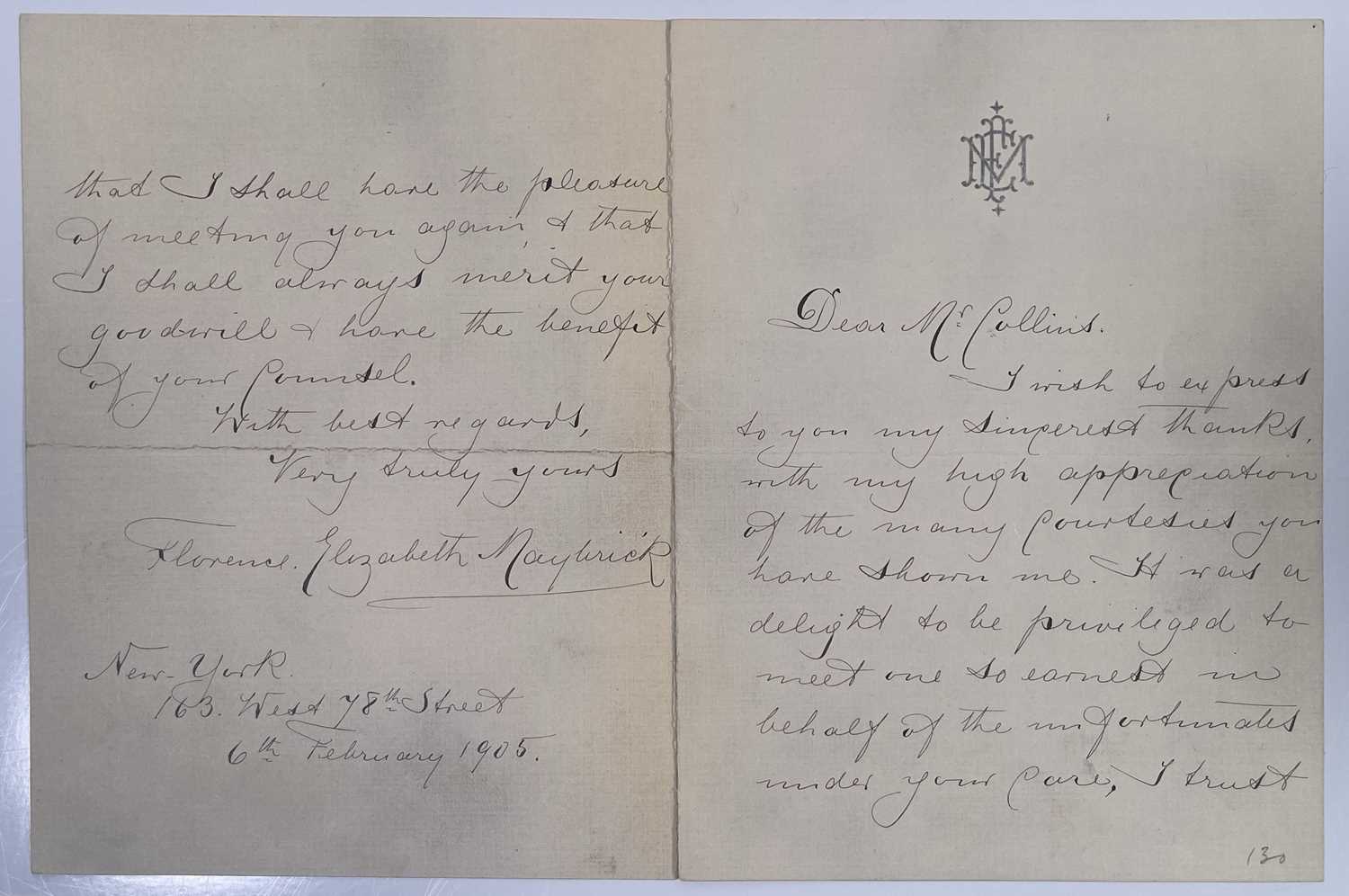 Lot 77 - JACK THE RIPPER / CRIME INTEREST  - A HANDWRITTEN LETTER BY FLORENCE MAYBRICK, FEB 1905