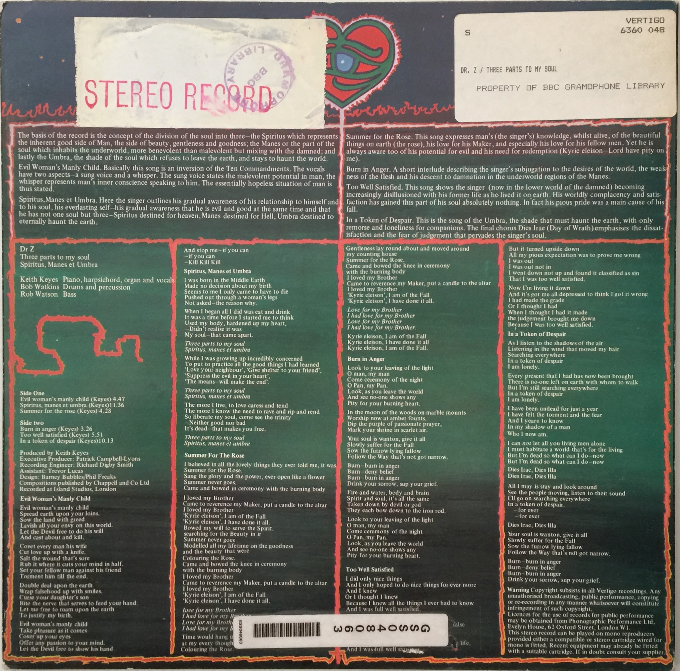 Lot 132 - DR Z - THREE PARTS TO MY SOUL LP (UK VERTIGO