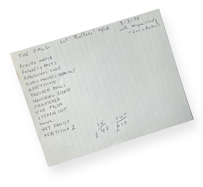 Lot 443 - MARK E SMITH / THE FALL - ORIGINAL; HANDWRITTEN SET LIST FOR RAFTERS, MANCHESTER, MARCH 1978.