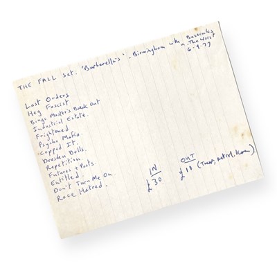 Lot 446 - MARK E SMITH / THE FALL - ORIGINAL HANDWRITTEN SET LIST FOR BARBARELLA'S BIRMINGHAM.