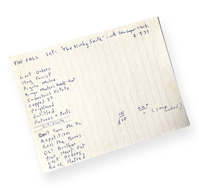 Lot 447 - MARK E SMITH / THE FALL - ORIGINAL HANDWRITTEN SET LIST FOR THE KIRBY SUITE.