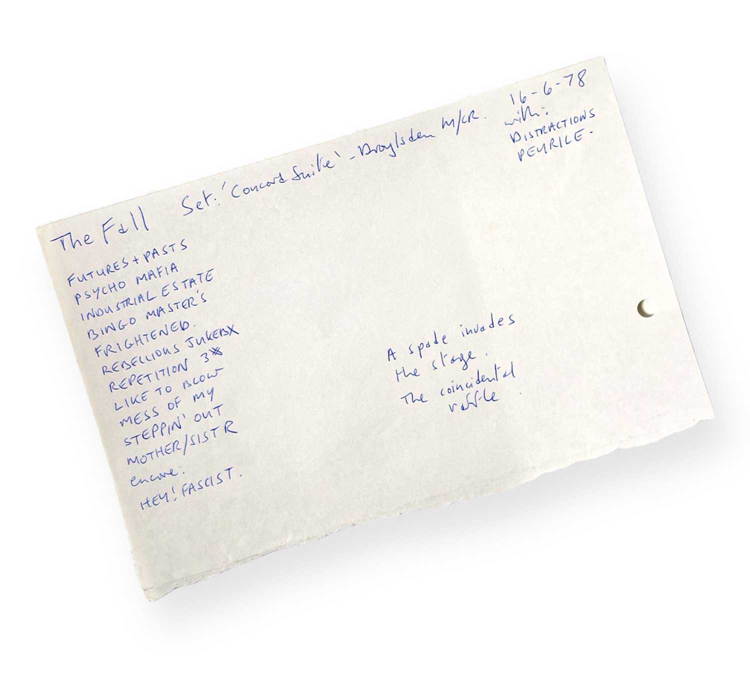 Lot 448 - MARK E SMITH / THE FALL - ORIGINAL HANDWRITTEN SET LIST FOR CONCORD SUITE, MANCHESTER.