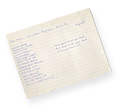 Lot 449 - MARK E SMITH / THE FALL - ORIGINAL HANDWRITTEN SET LIST FOR LEEDS POLYTECHNIC.