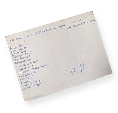 Lot 451 - MARK E SMITH / THE FALL - ORIGINAL HANDWRITTEN SET LIST FOR STRETFORD CIVIC HALL.